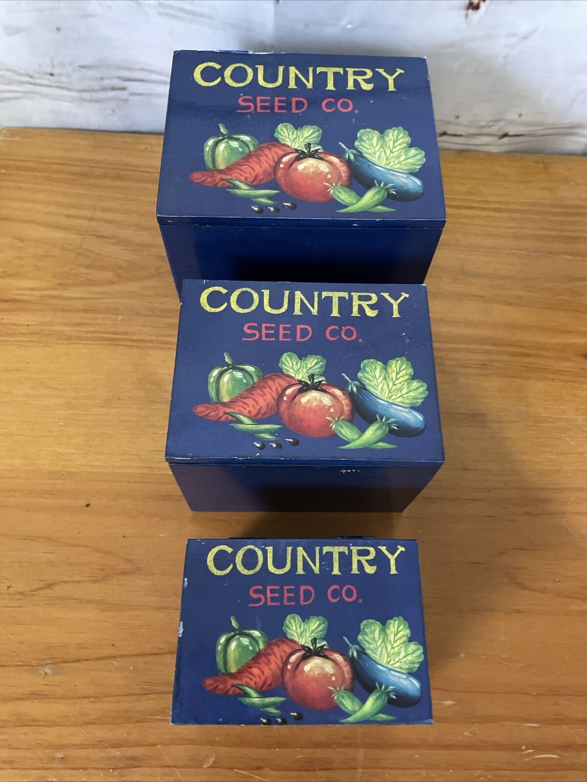 Vintage Country Seed Co. Wooden Nesting Boxes Set Of 3 Kitchen Recipe Box