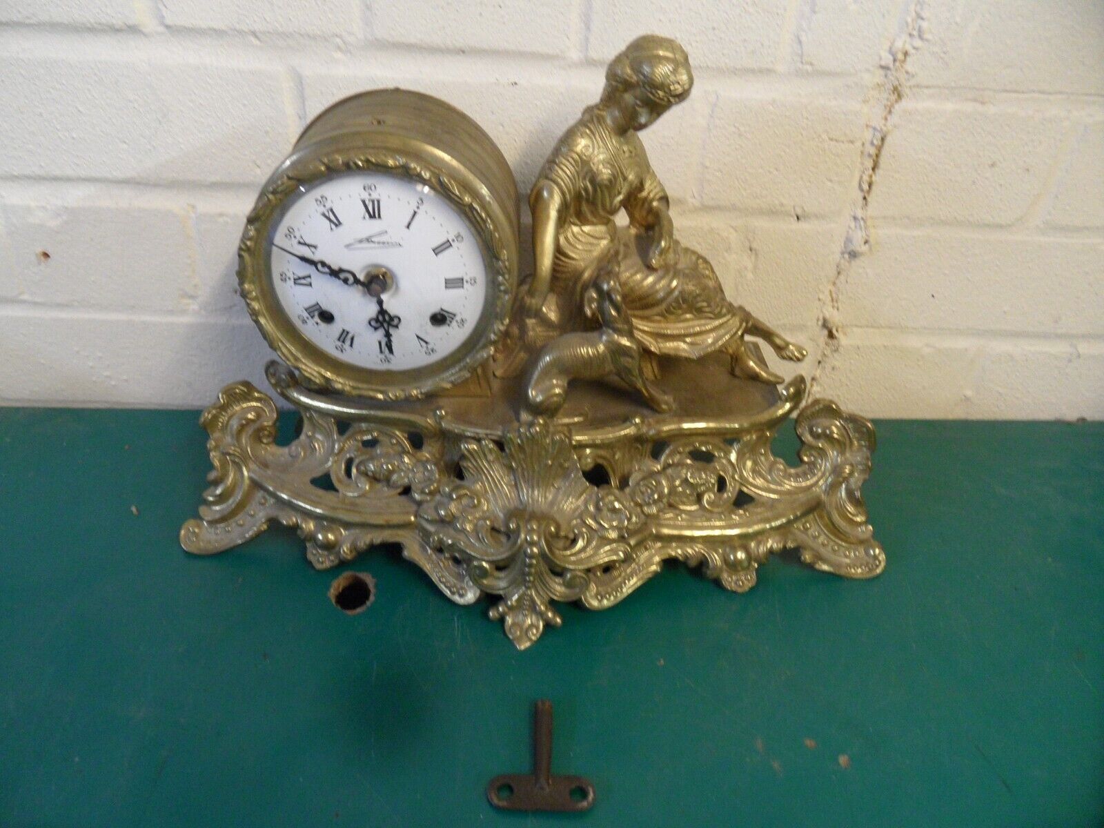 Old Figural Brass Ormolu Mantle Clock By Loucini Italy, FHS Movement Bell Chime