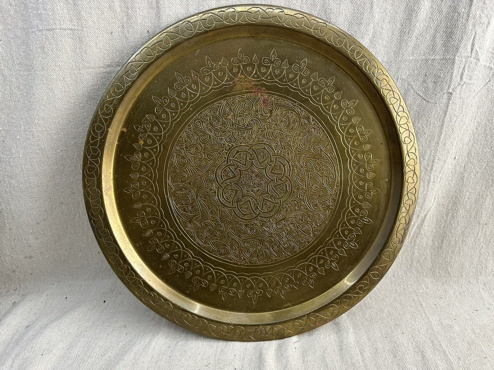 Vintage Etched 13” Brass Serving Platter ~ Indian / Asian Design