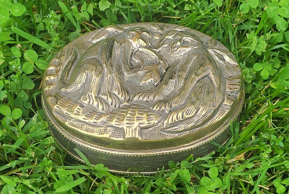 Monkey Business? Large Old Indian Oval Box Repousee, Embossed & Silvered Brass