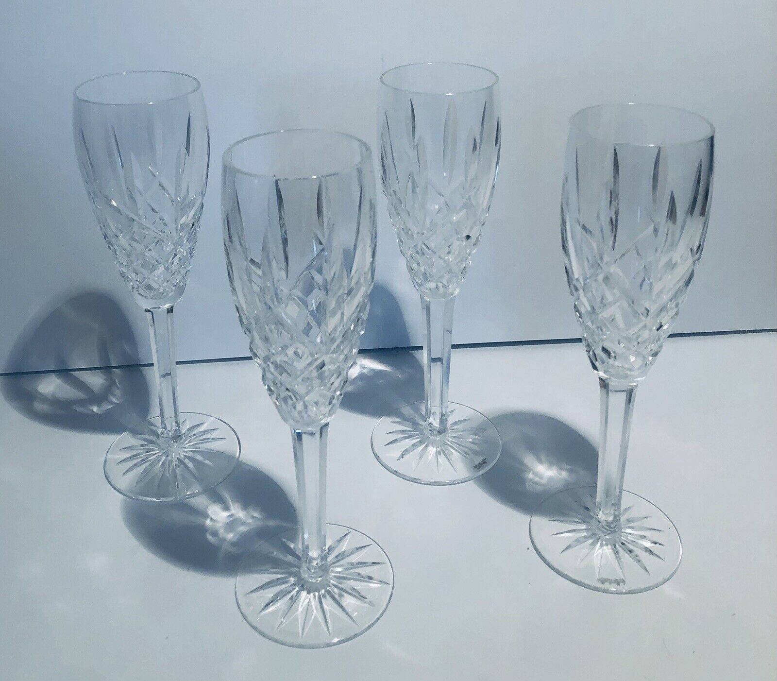 4 WATERFORD ARAGLIN FLUTE CHAMPAGNE Crystal Glasses Product of Ireland Vtg 8.5”