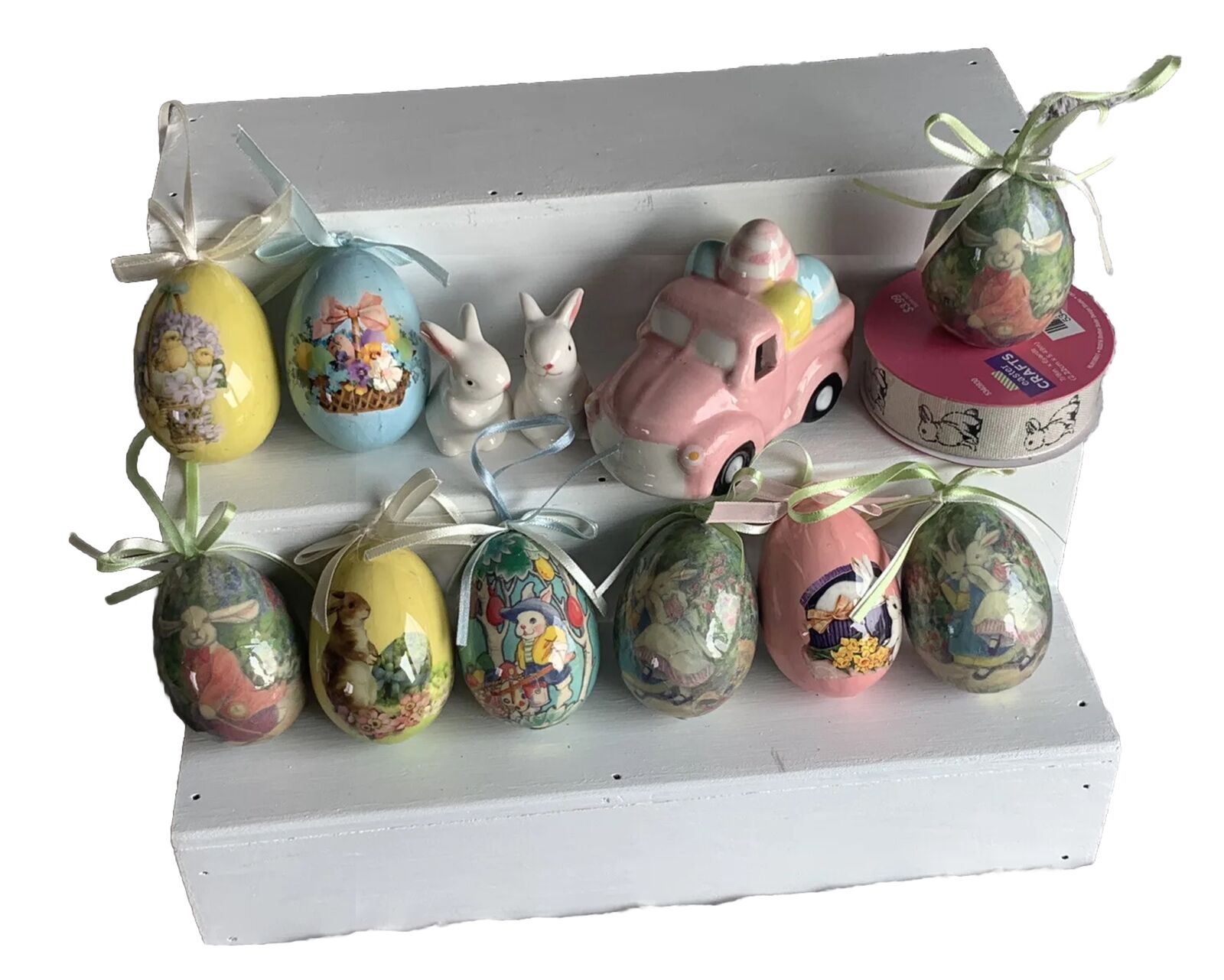 Paper Mache Easter Eggs Lot Of 9 Two Ceramic Rabbits Lighted Truck Ribbon Cute
