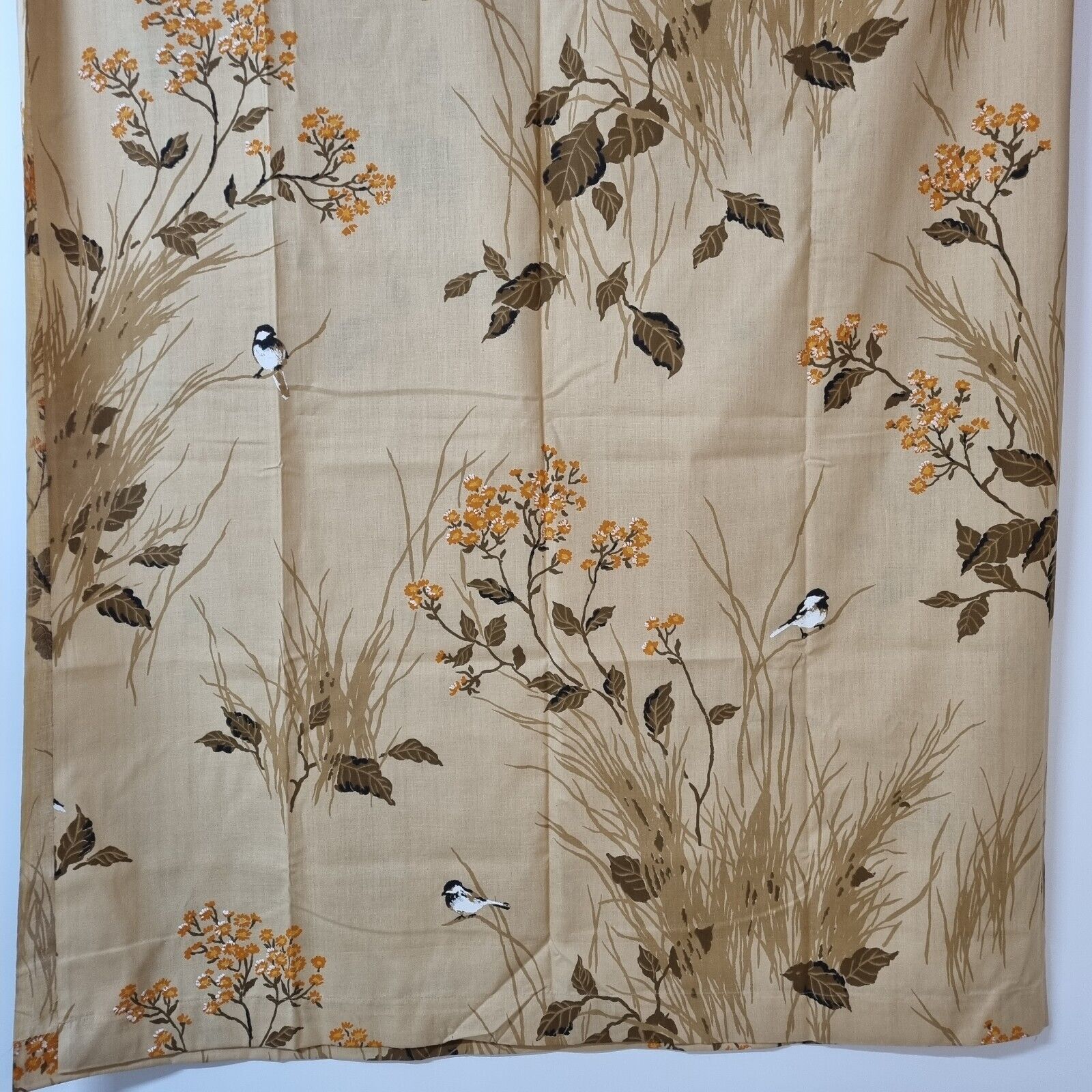 VTG Muslin Pequot Brown Chickadee Bird Fall Leaf Double Bed Flat Sheet 