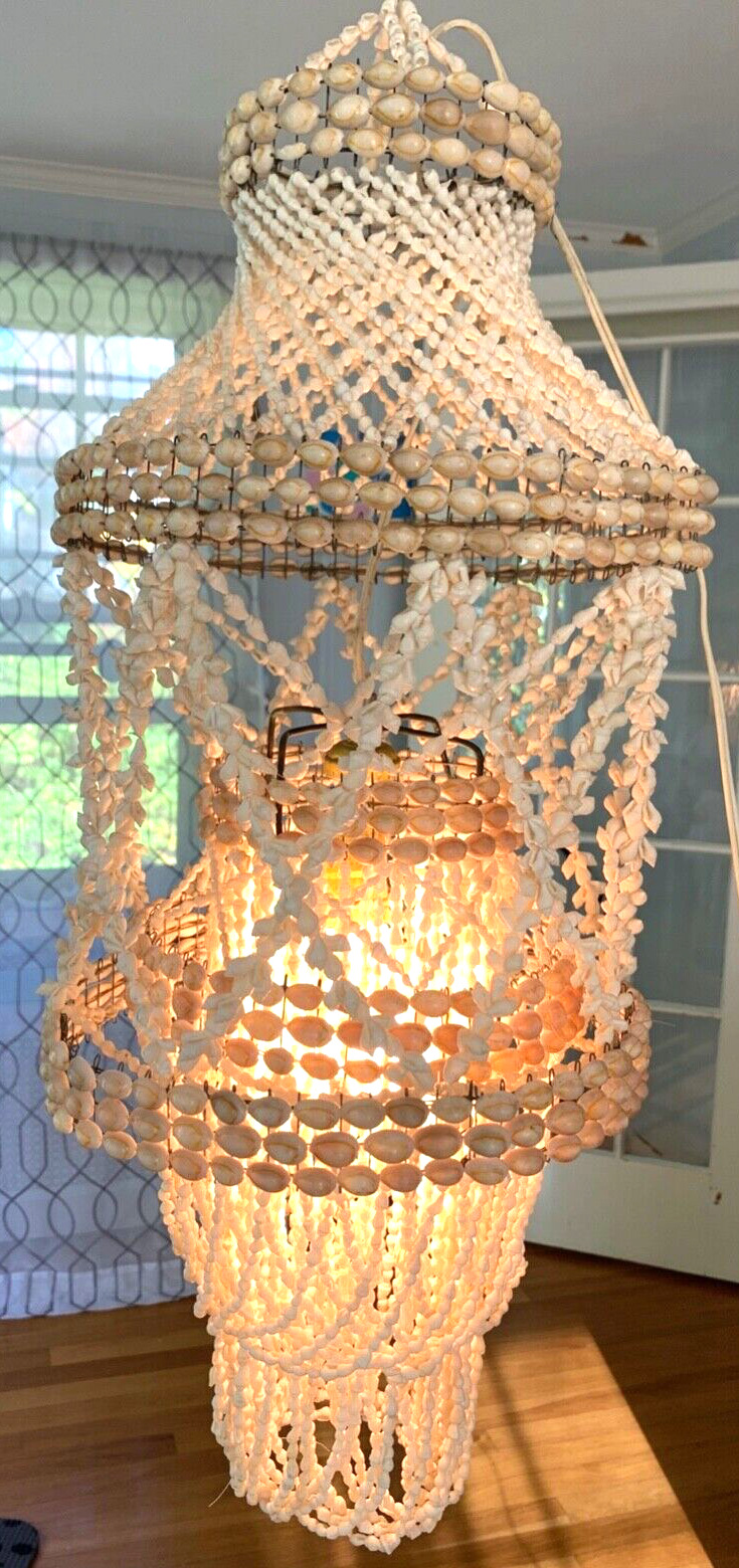 vtg 60s sea shell HANGING LAMP boho capiz puka mcm light chandelier hippie retro