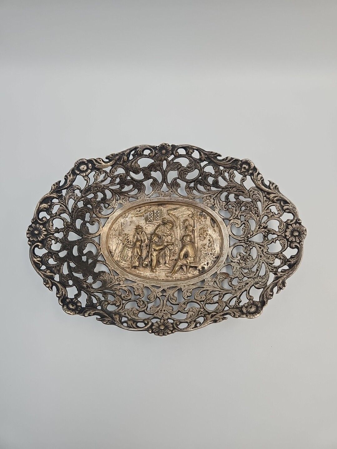 Holland Ornate Silverplate Raised Scene Open Work Nut Trinket Dish
