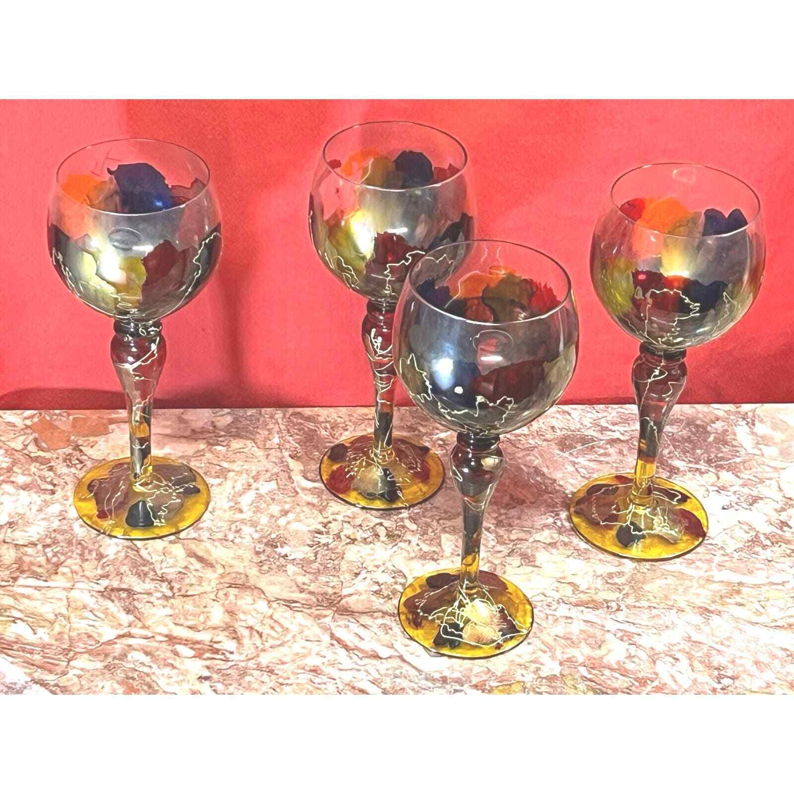  ROYAL DANUBE ROMANIAN ART GLASS   SPLATTERED GOLD ETCHED  WINE GLASS SET OF 4