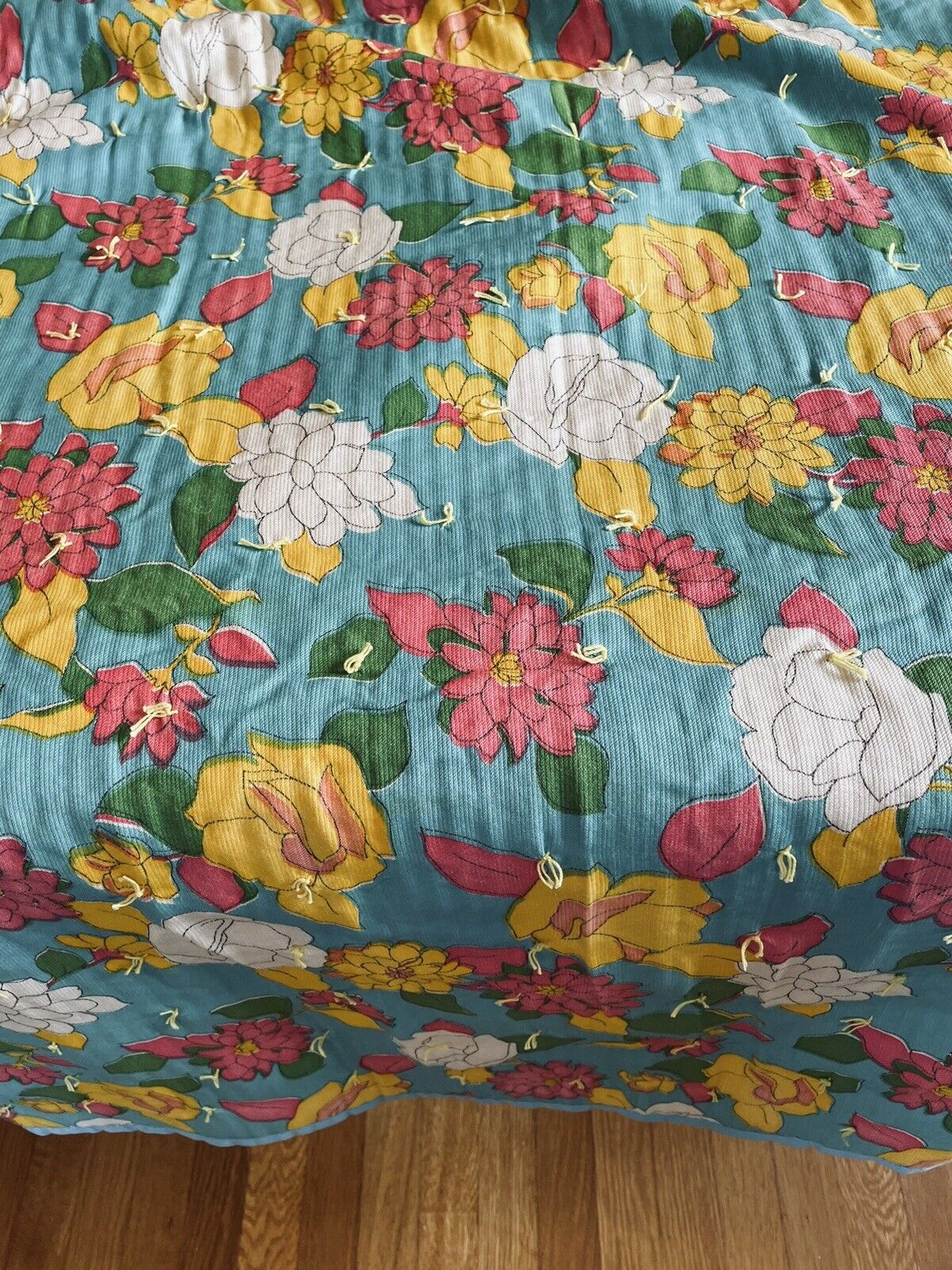 Quilt Bedspread Floral  72”x82” Vintage Boho Turquoise Pink Yellow Flower Power