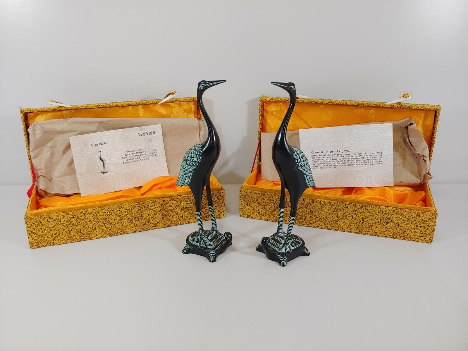 Pair Of Vintage Crane & Tortoise: Longevity Mascot Figurine Totems Ming Dynasty