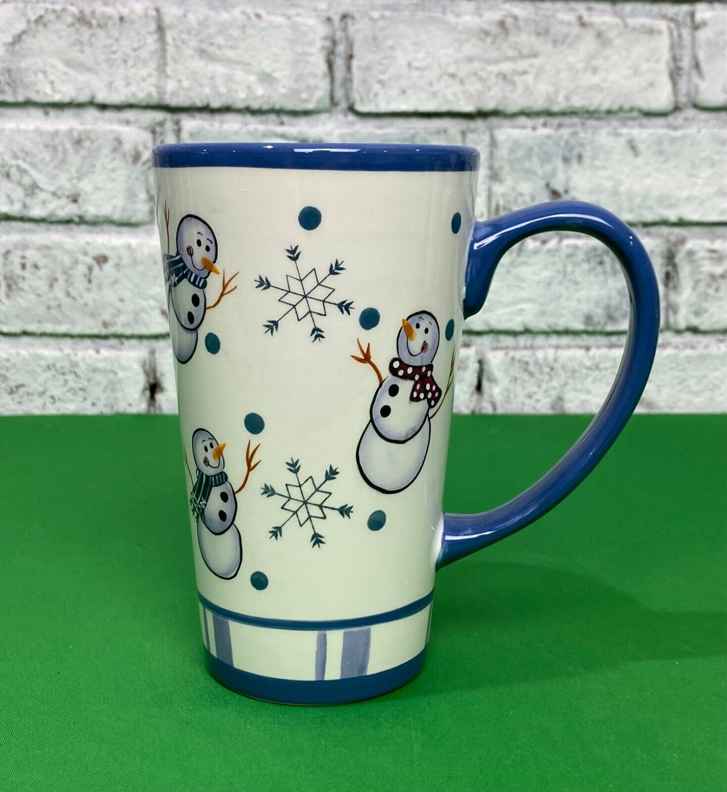 Crazy Mountain Snowman Coffee Mug White With Blue Handle 16 oz Hot Coco Cup