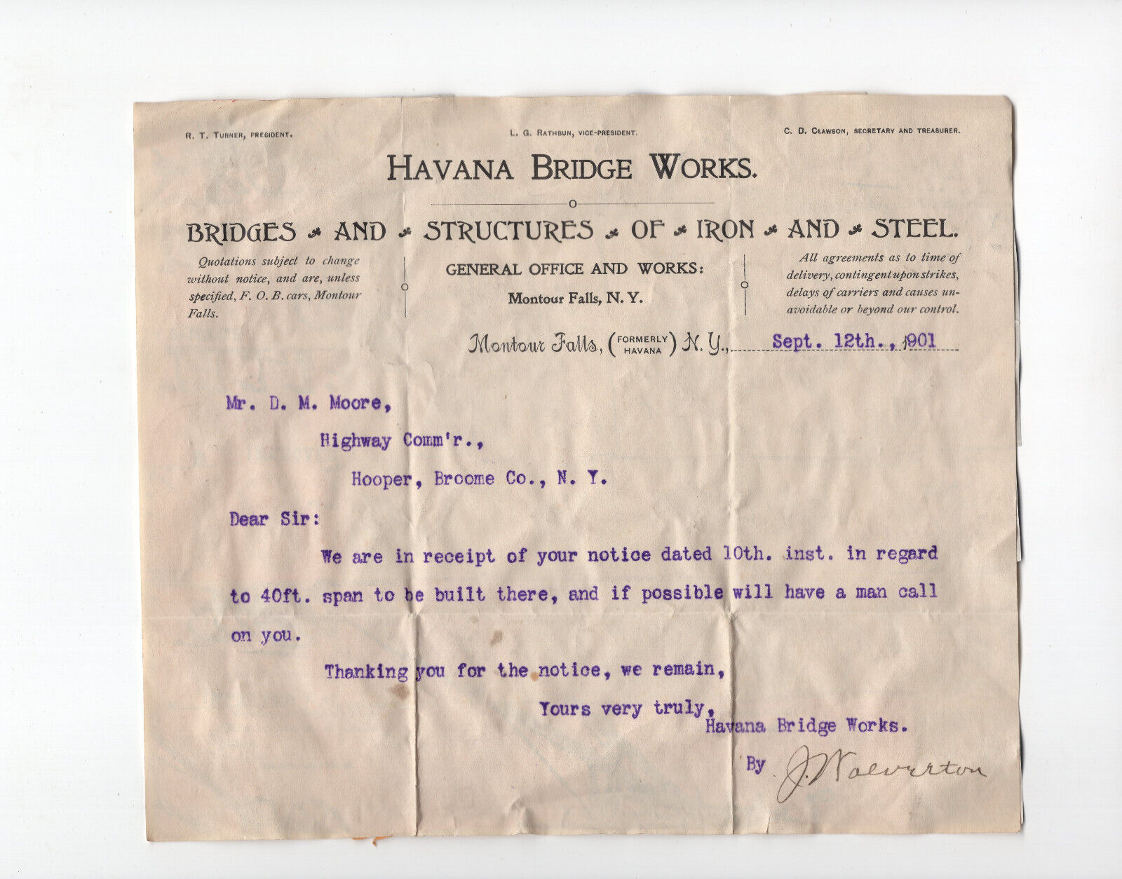 1901 HAVANA BRIDGE WORKS Montour Falls NY NOTICE FOR UPCOMING BRIDGE WORK Paper