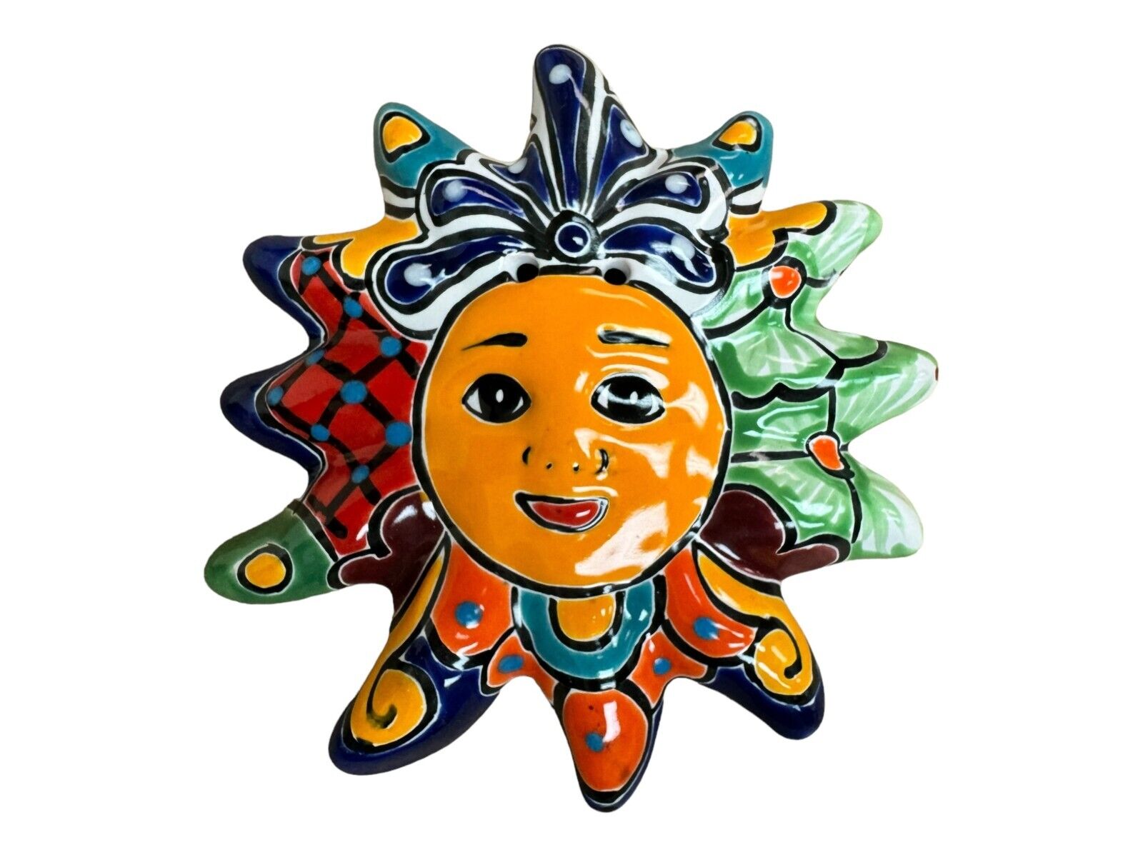 Talavera Sun Face Folk Art Mexican Pottery Hand Painted Home Decor 7.25