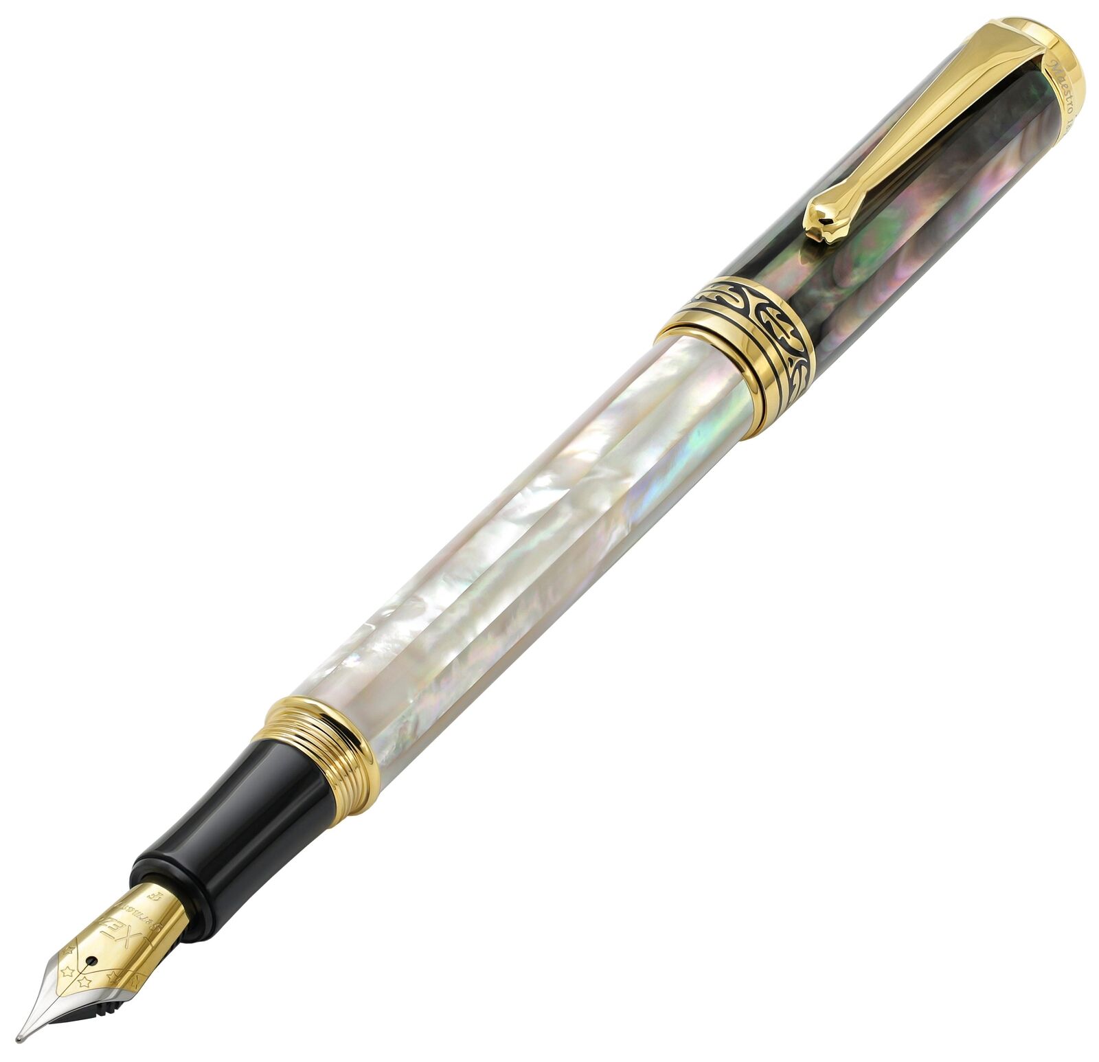 Xezo Maestro Fine Fountain Pen, Black & White Oceanic Mother of Pearl. Gold Plt.