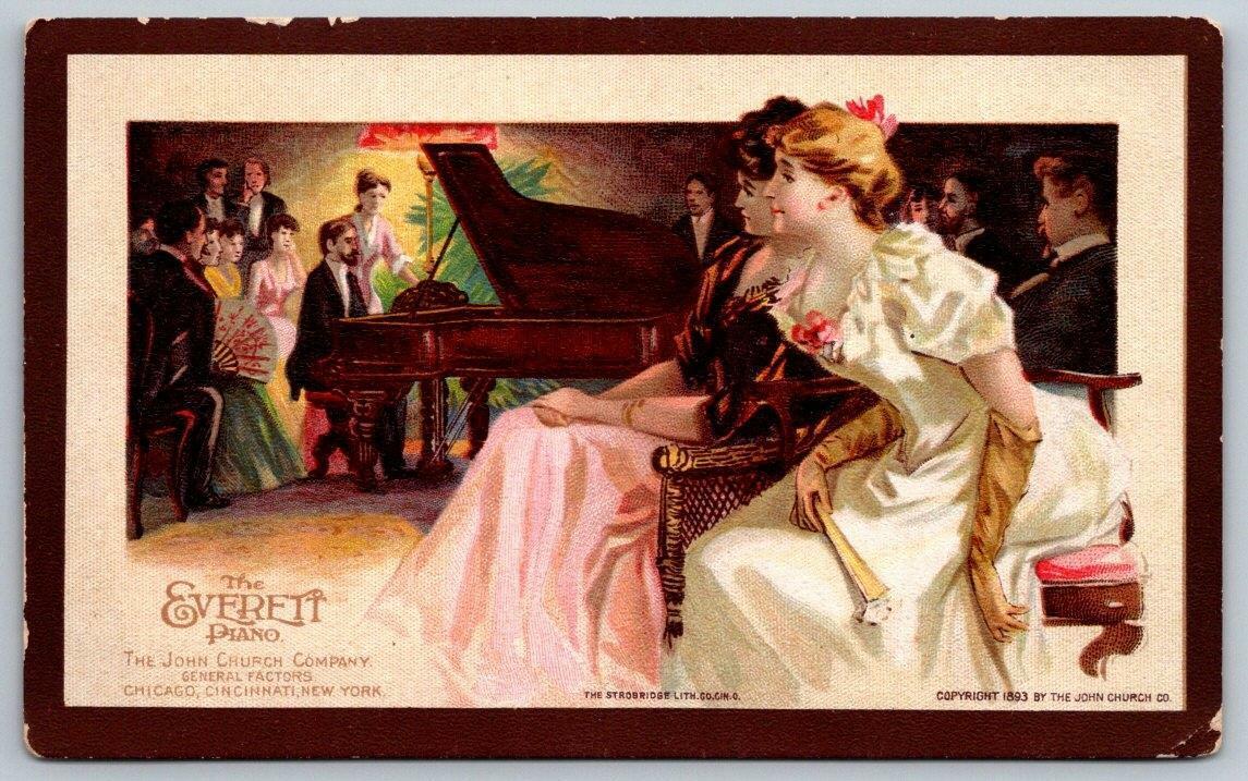 1893 THE EVERETT PIANO*JOHN CHURCH CO*STROBRIDGE LITHO*VICTORIAN TRADE CARD