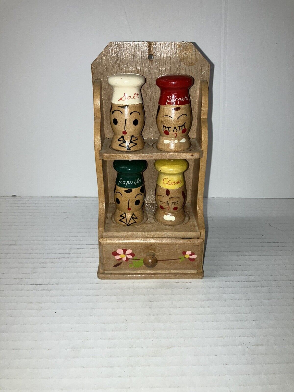 Vintage 50s Japanese Hand Painted Wood Hanging Salt And Pepper Spice Rack