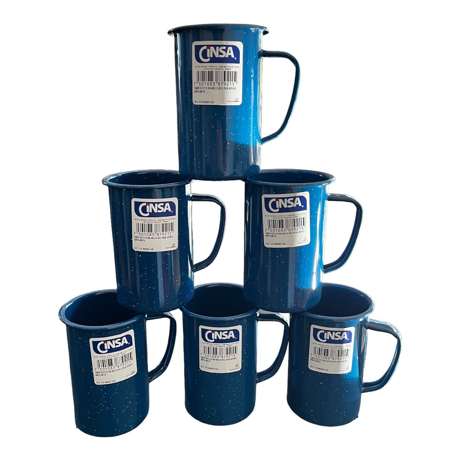 SET OF 6 - Cinsa Enamelware Blue Speckled Coffee Mugs Tea Camping - 20oz NEW