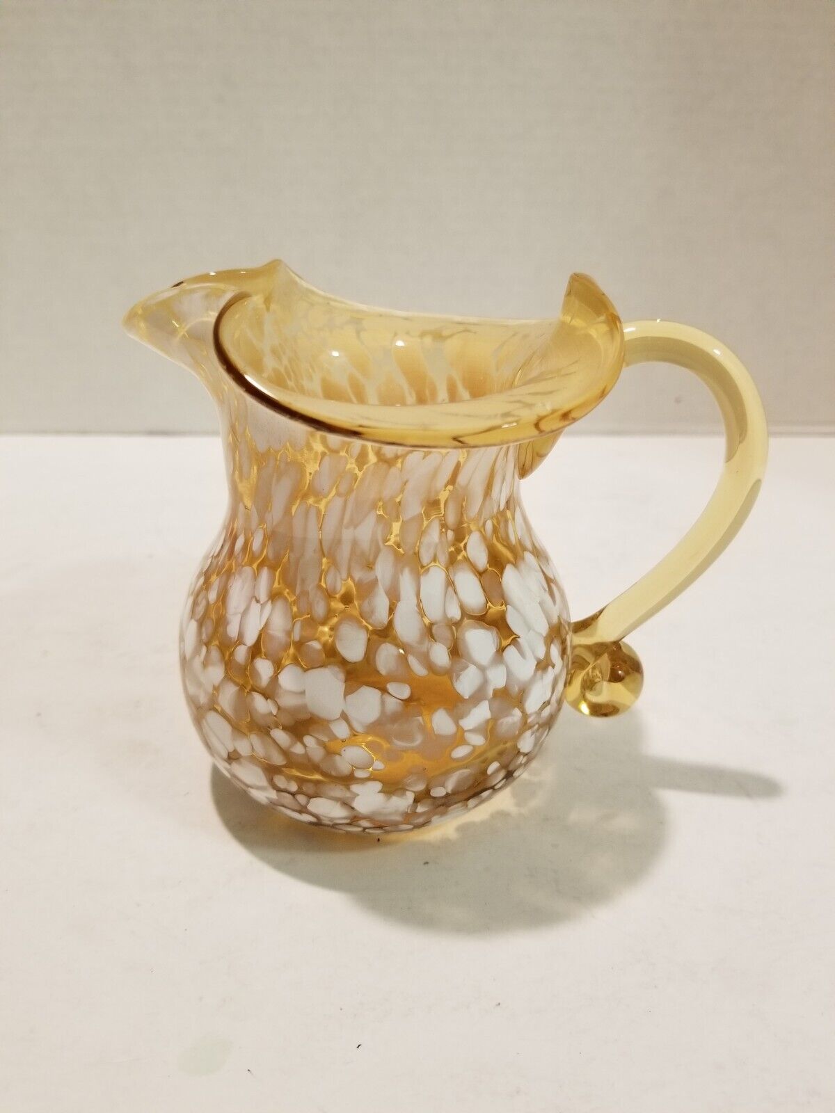Vintage Collectable Amber Glass Small Pitcher  Vase Creamer White Spots