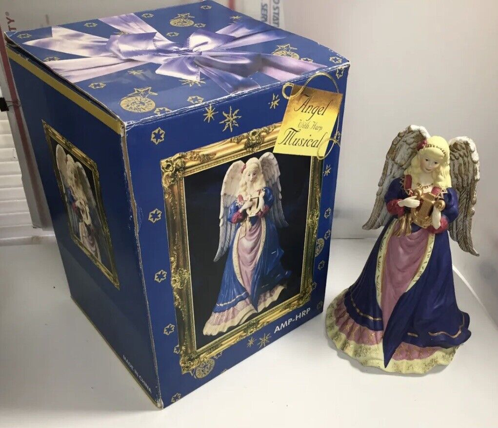 VINTAGE Angel With Harp Musical Ceramic Figurine #56543 AMP-HRP VTG ￼*IN BOX