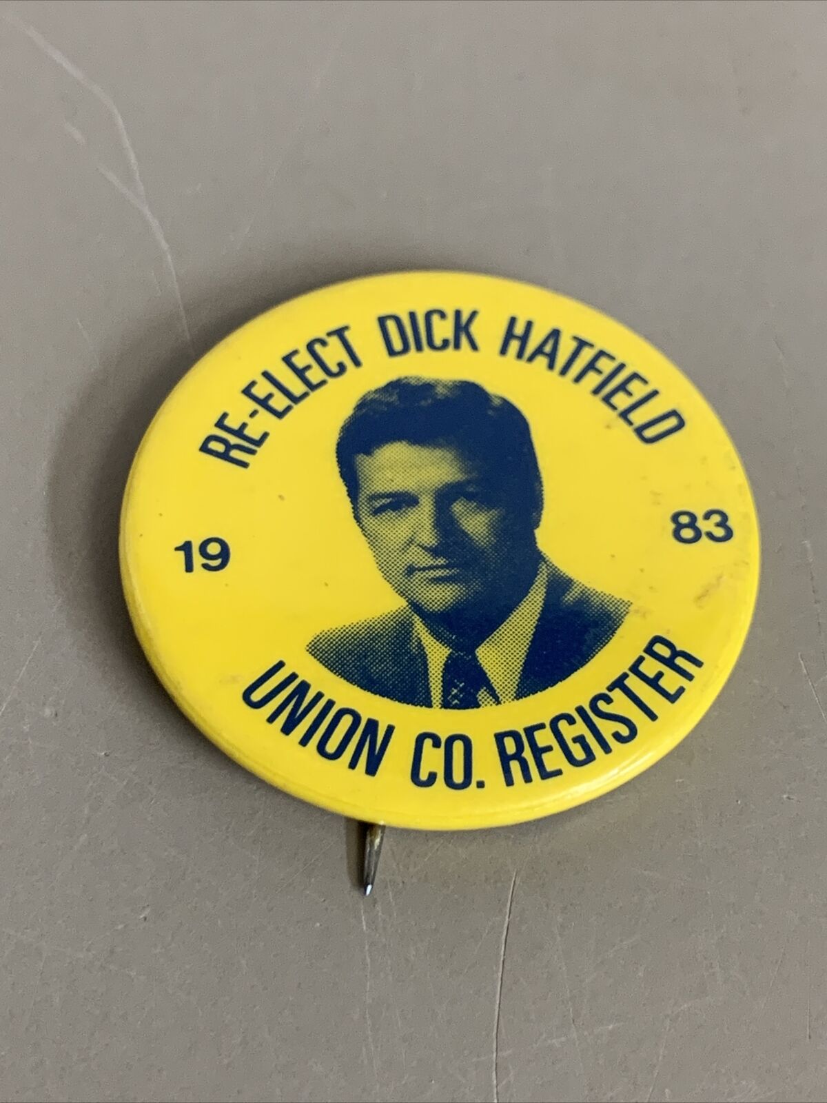 1983 Re-elect Dock Hatfield Union County Register Local Button Pin Campaign KG