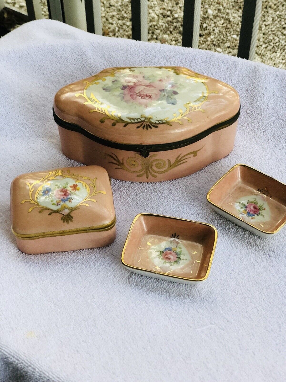 Antique Victorian 4 Piece Vanity Set Hand-Painted Salmon Pink Floral  Porcelain