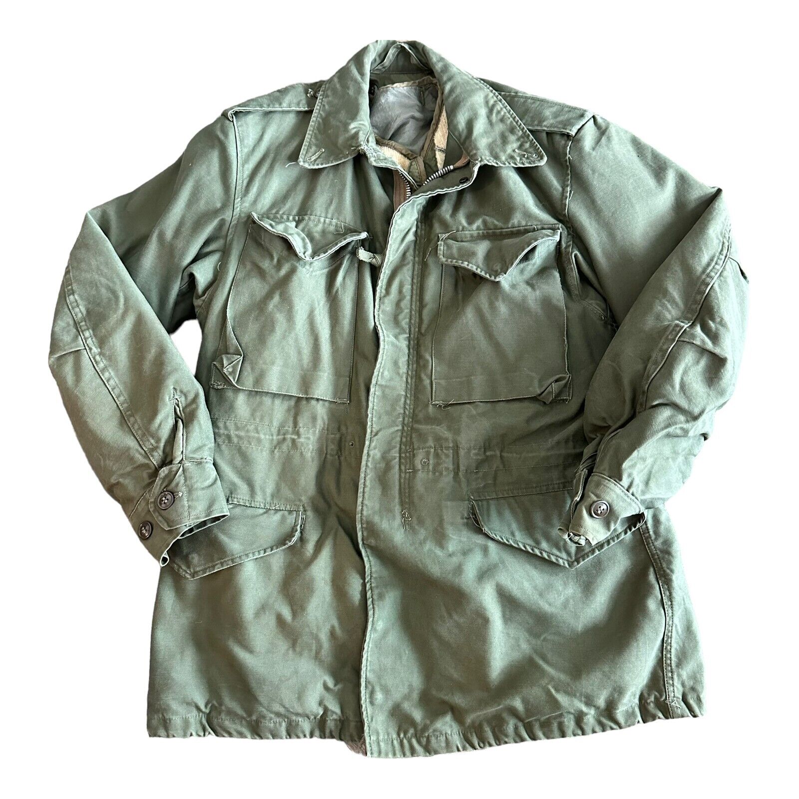 US Military Field Jacket Mens Vintage Green Zip Snaps Sold Pockets Long Sleeve S