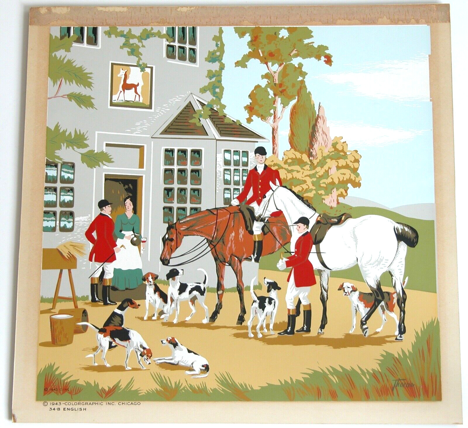 Vtg 40s Serigraph Diana Thorne Hunting Scene Riders & Dogs Colorgraphic Chicago