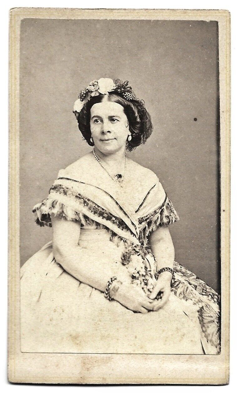 Vintage Old CDV Photo of Victorian Era Woman Wearing Grand Headdress ANNE BISHOP
