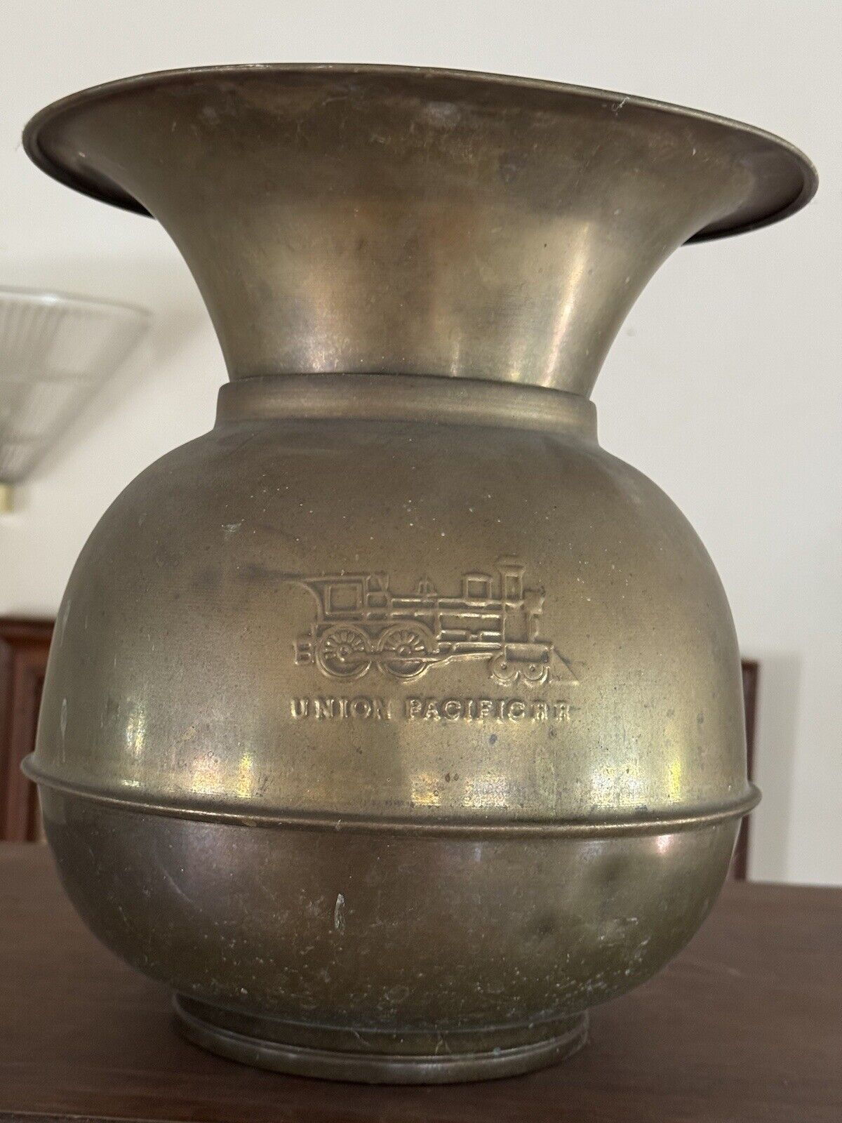 Antique BRASS SPITTOON UNION PACIFIC R.R. Double-Sided EMBOSSED RAILROAD LOGOS