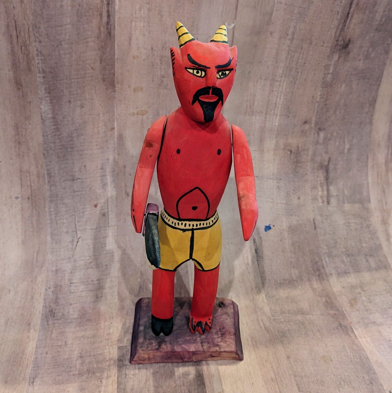 Carved Wood Red Devil Figure Statue With Knife Mexico Folk Art 10\