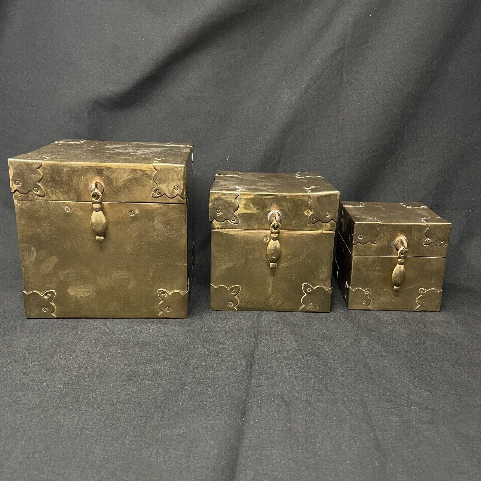 Vintage MOTTAHEDEH Brass Cube Box Set Of 3 India