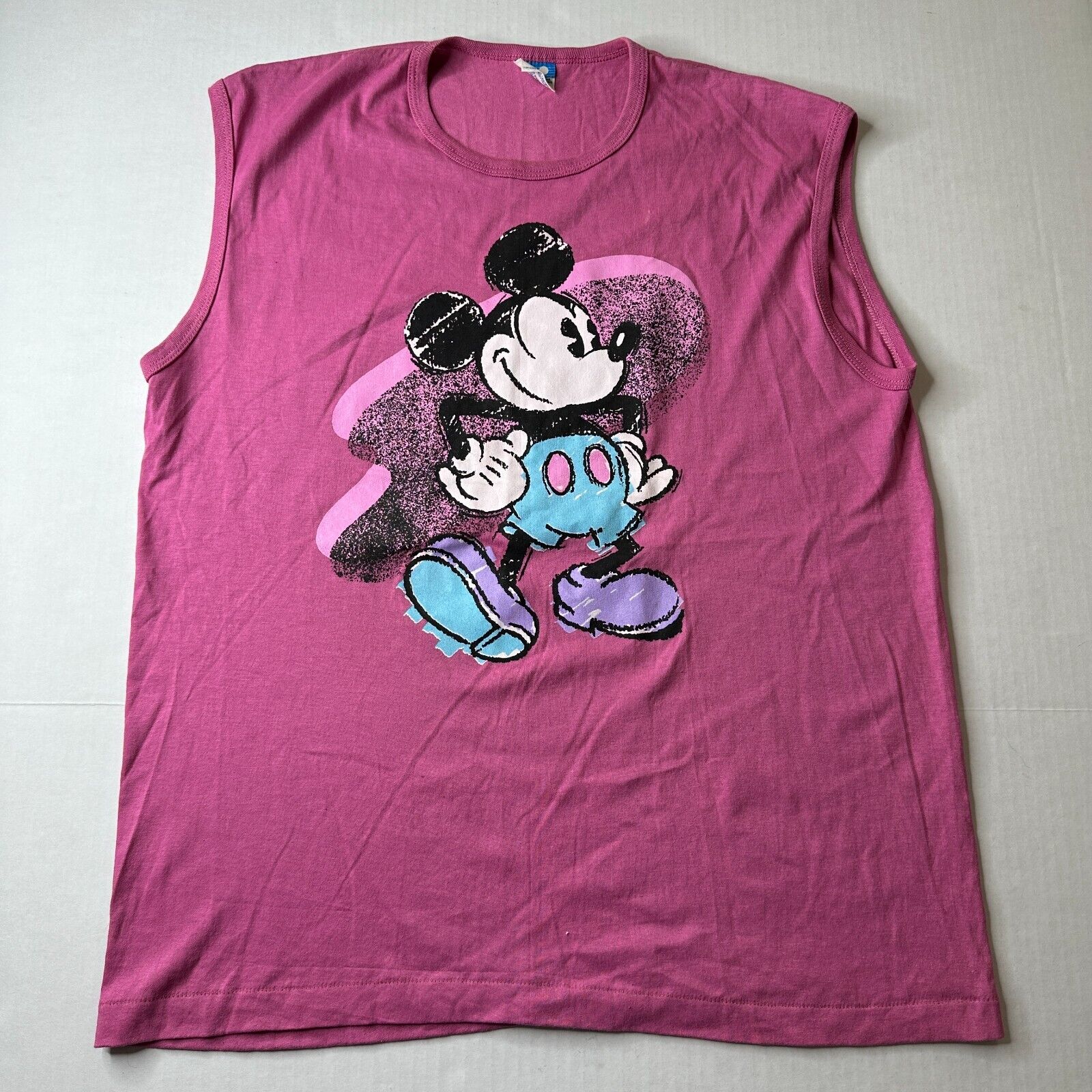 Vintage Disney Mickey Mouse Sleeveless Muscle Shirt Tank Pink 80's XL Made in US