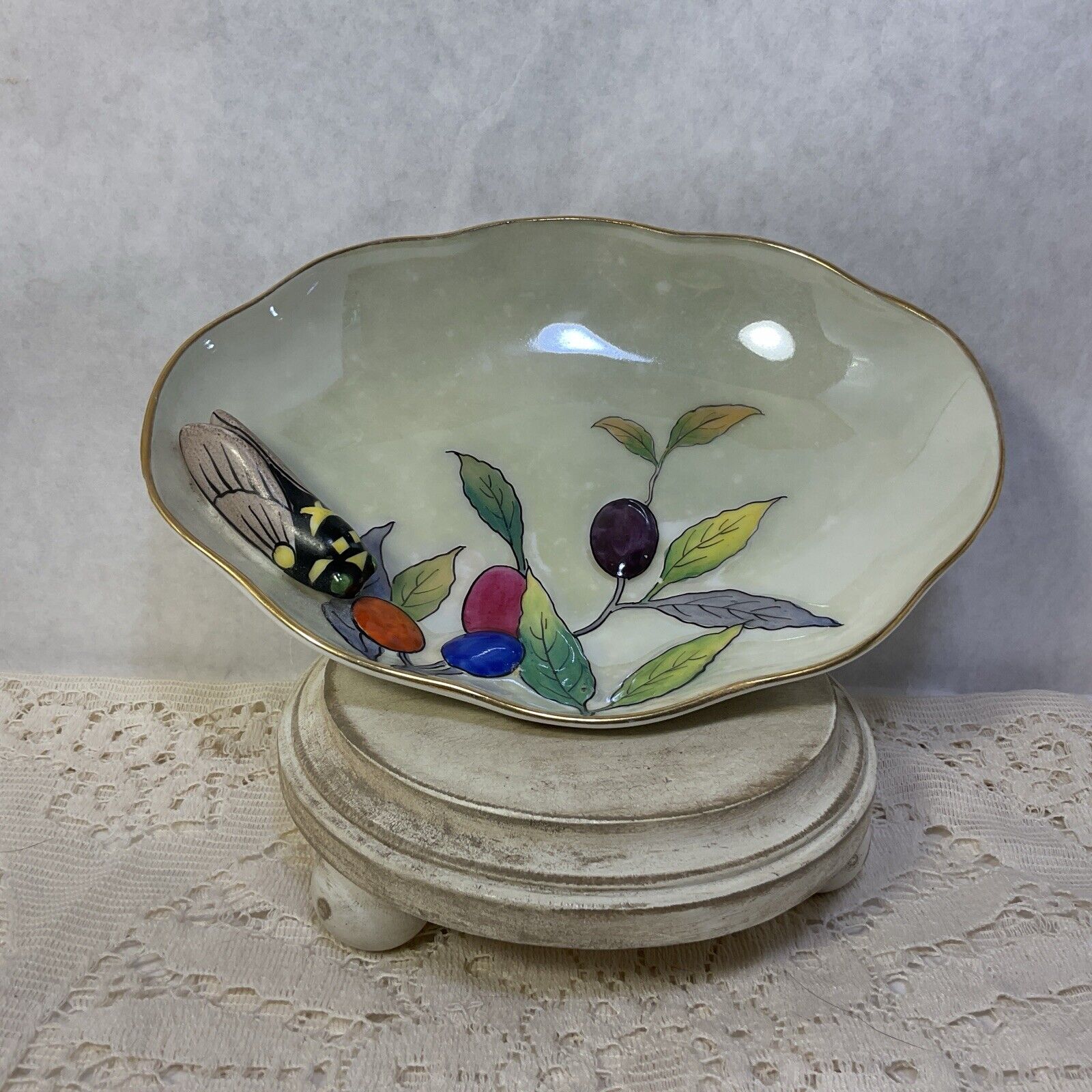 Vintage Noritake Art Deco Oval Bowl W/Figural Cicada And Olive-Green Luster