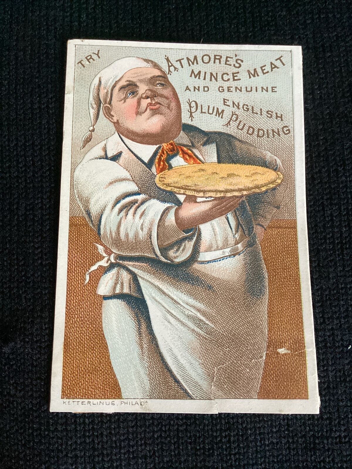 Atmore's Mince Meat trade card - Vintage - Antique - Baker Holding Pie