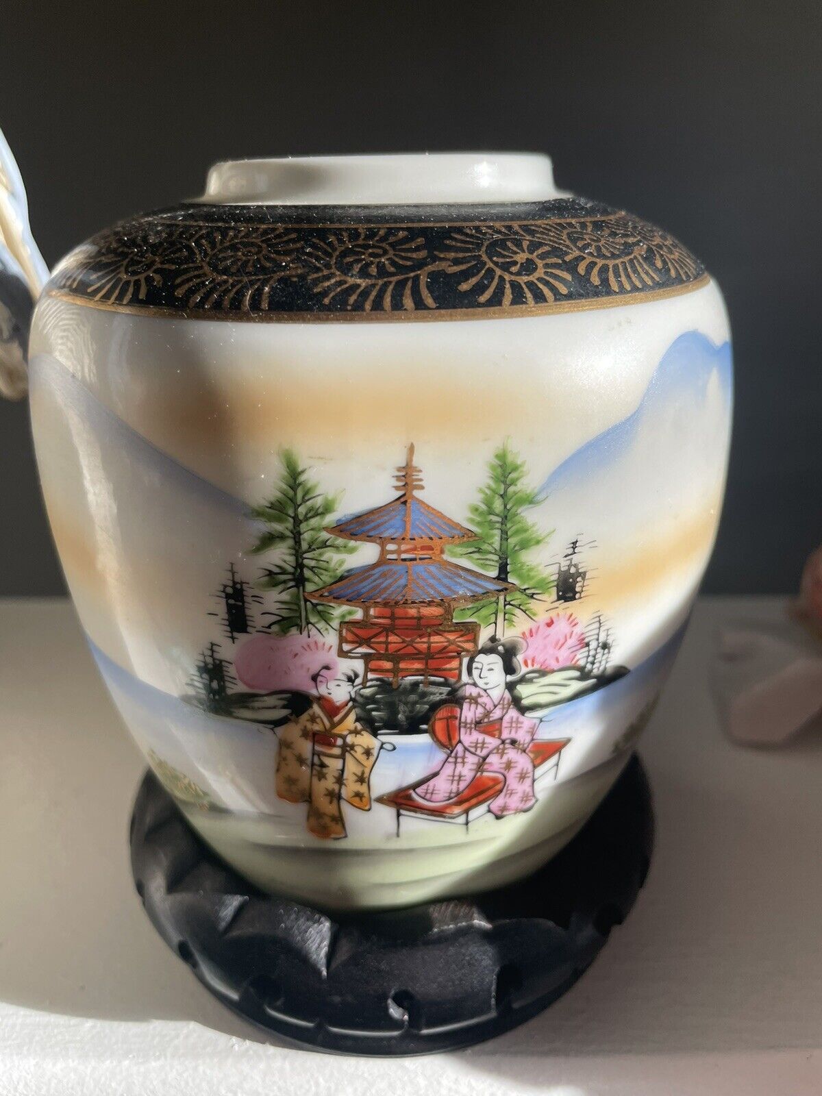 Vintage Japanese Porcelain Landscape Ginger Jar Urn w/out Lid - With Base