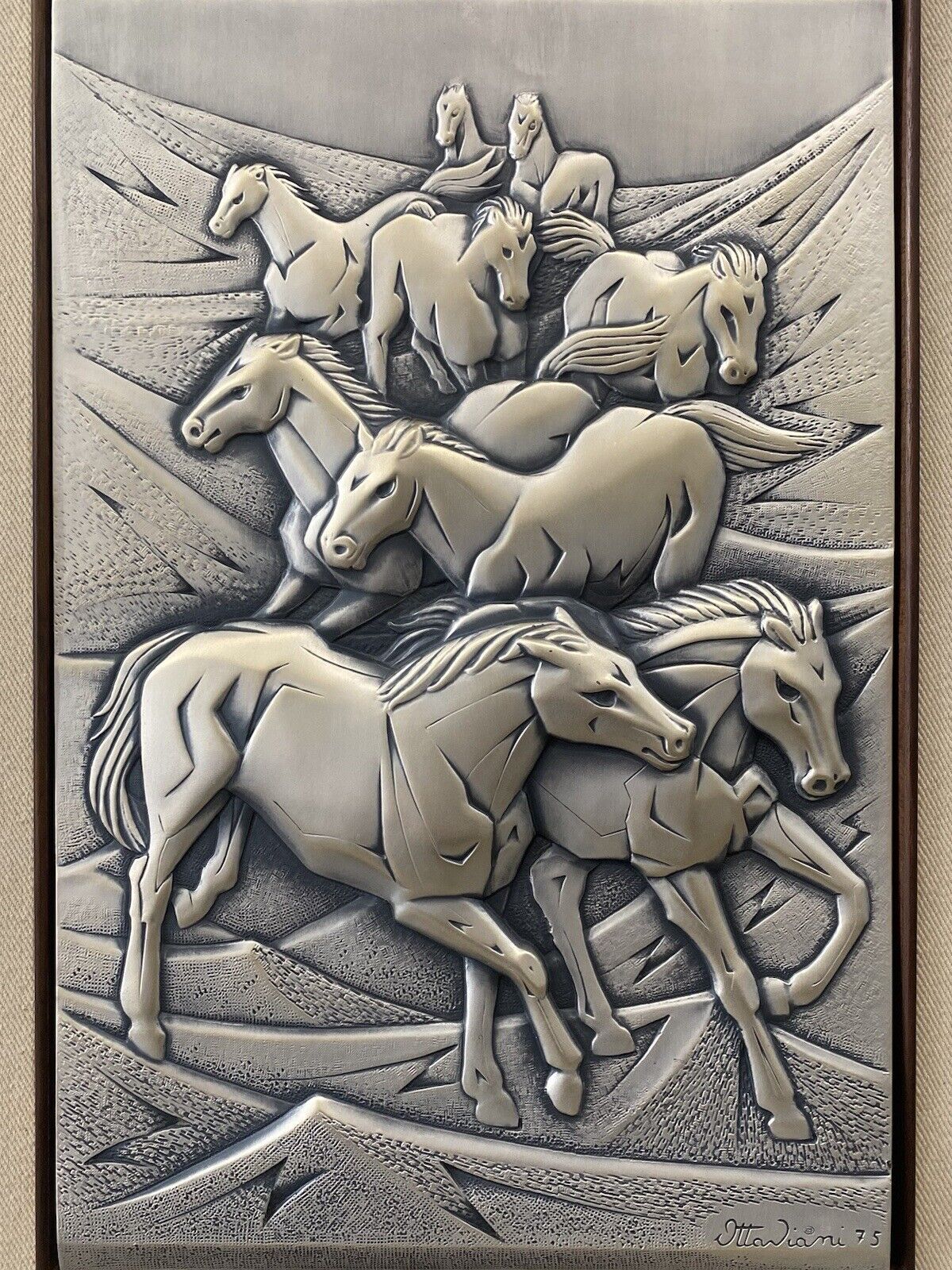🔥 Vintage Italian Modern Cubist Horse Silver Sculpture Plaque, Ottaviani 1975