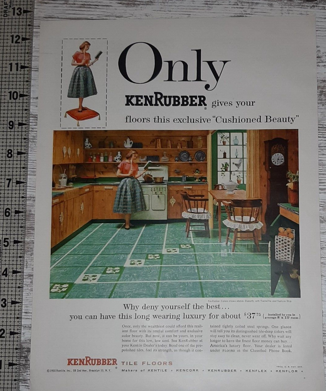 1955 Kentile Vintage Print Ad Rubber Flooring Cushioned Beauty Country Kitchen