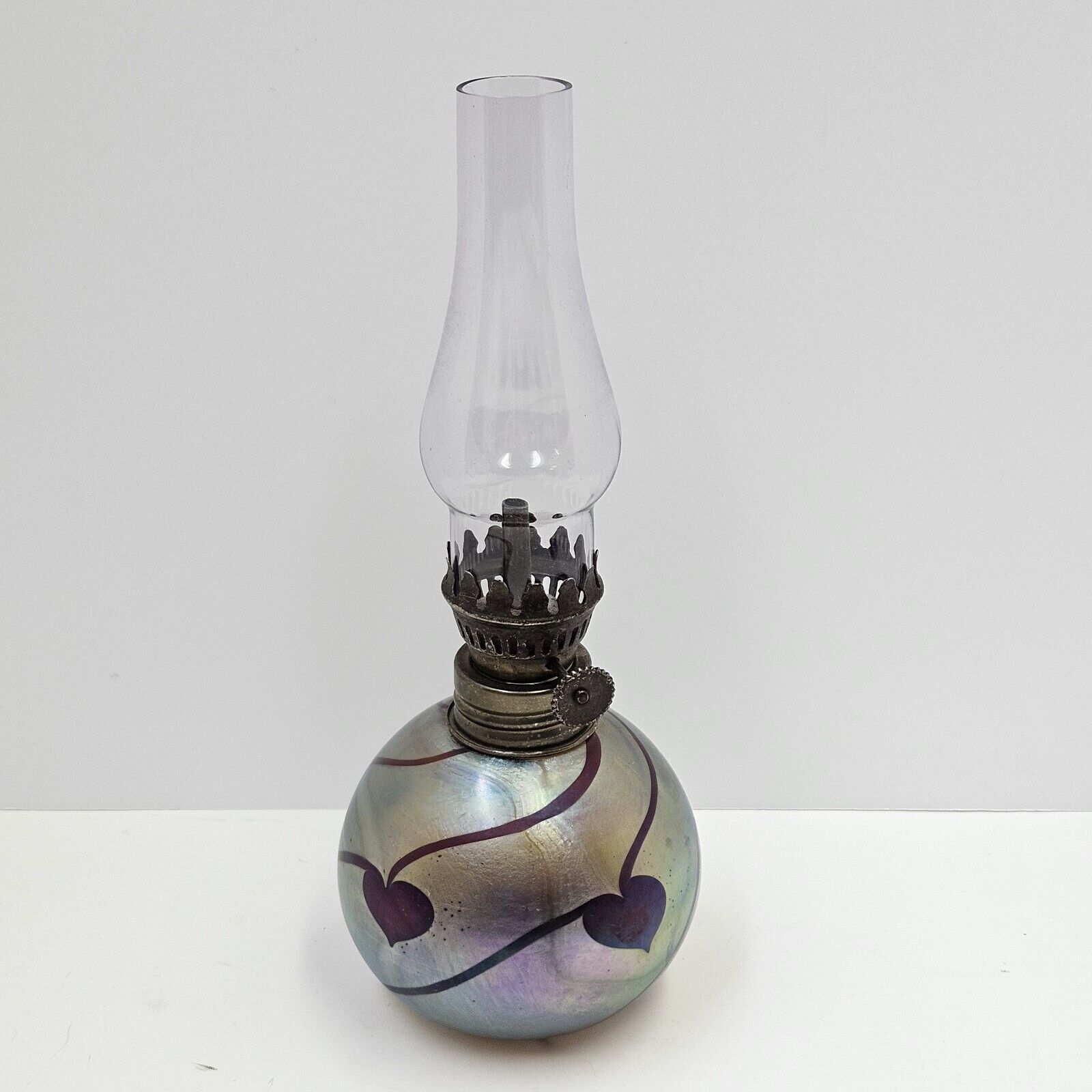 VTG Lundberg Studios Art Glass Miniature Oil Lamp Heart Vine Iridescent Aurene