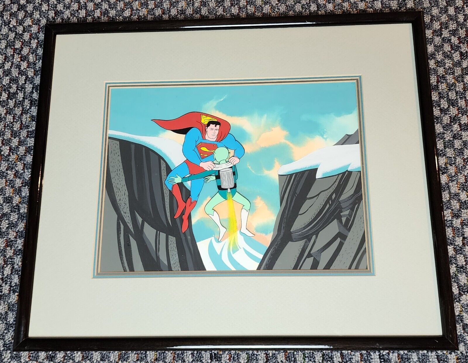 THE ADVENTURES OF SUPERBOY PRODUCTION ANIMATION CEL FRAMED ON PAINTED BACKGROUND
