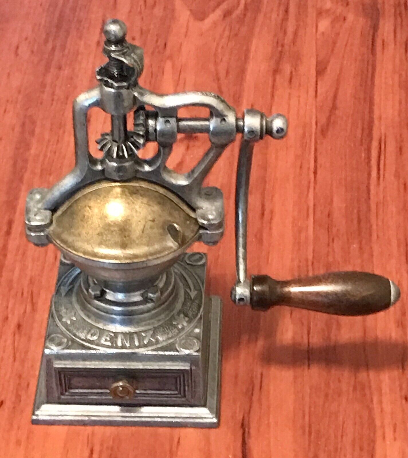 Vintage Denix 7” Miniature Coffee Grinder Iron & Brass, Coffee Display Piece
