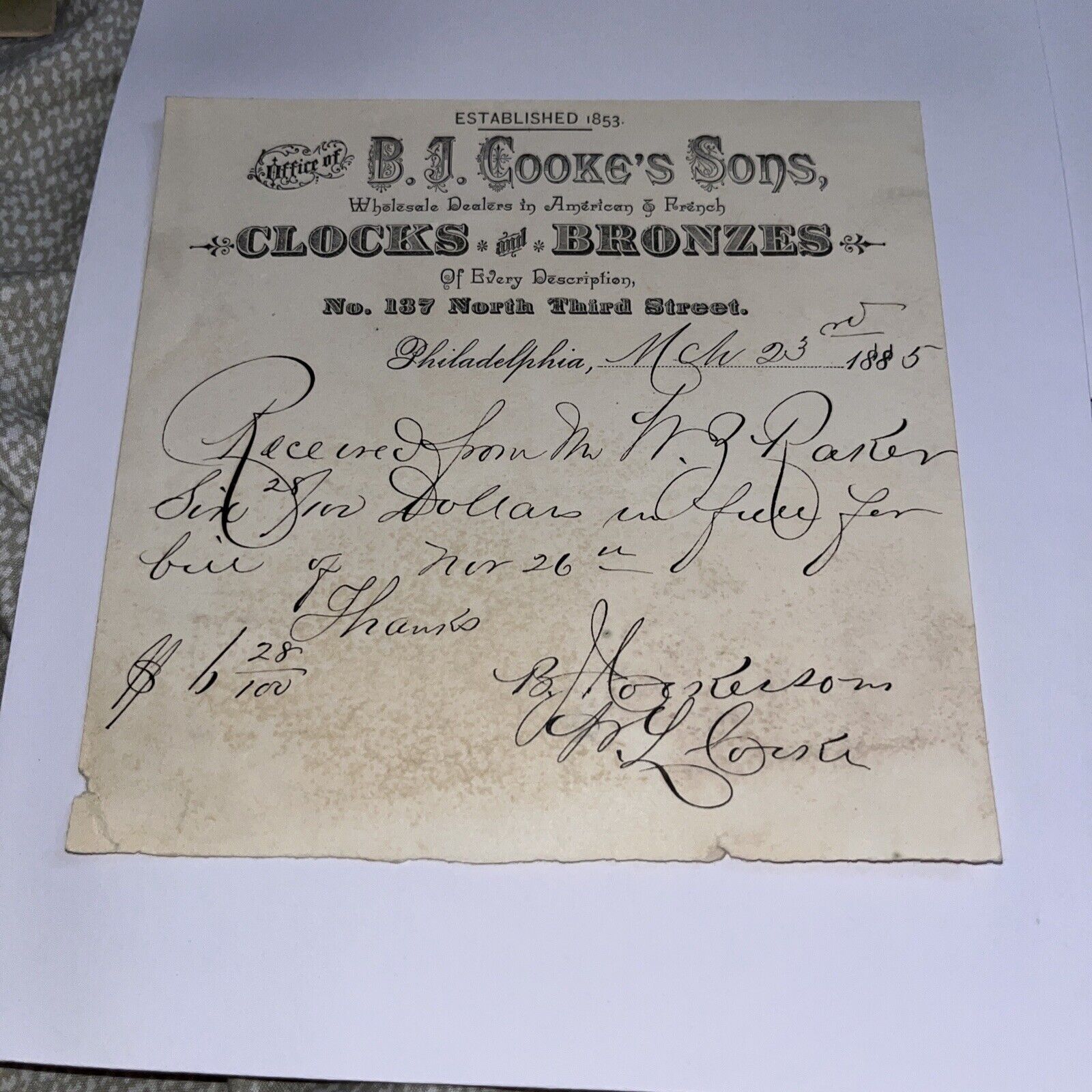 1888 B J Cooke’s Sons Clocks & Bronzes Letterhead Philadelphia Pennsylvania