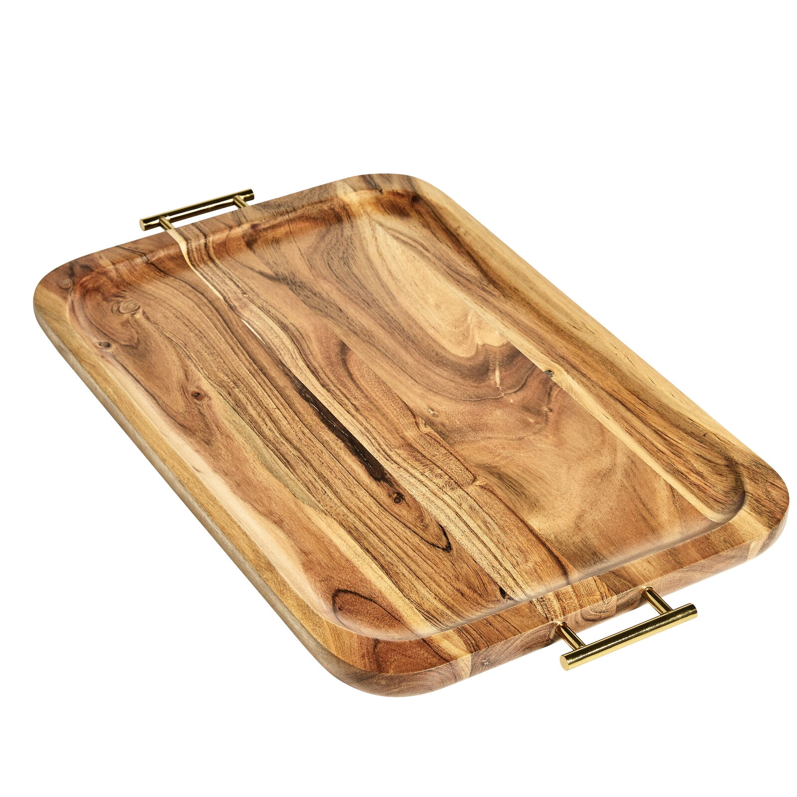 Better Homes & Gardens- Acacia Wood Rectangle Tray with Gold Color Handles