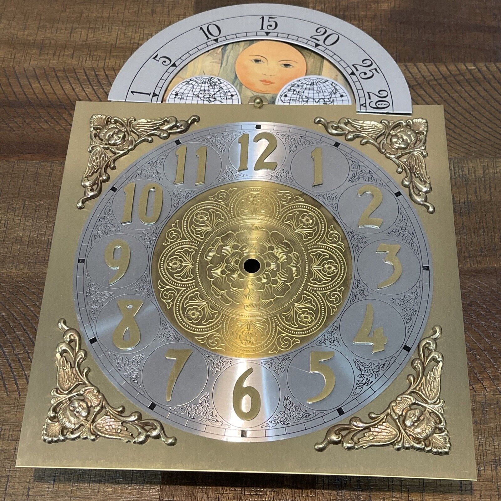 Vintage Grandfather Clock Brass Face Dial Ornate w/Cherubs Keininger