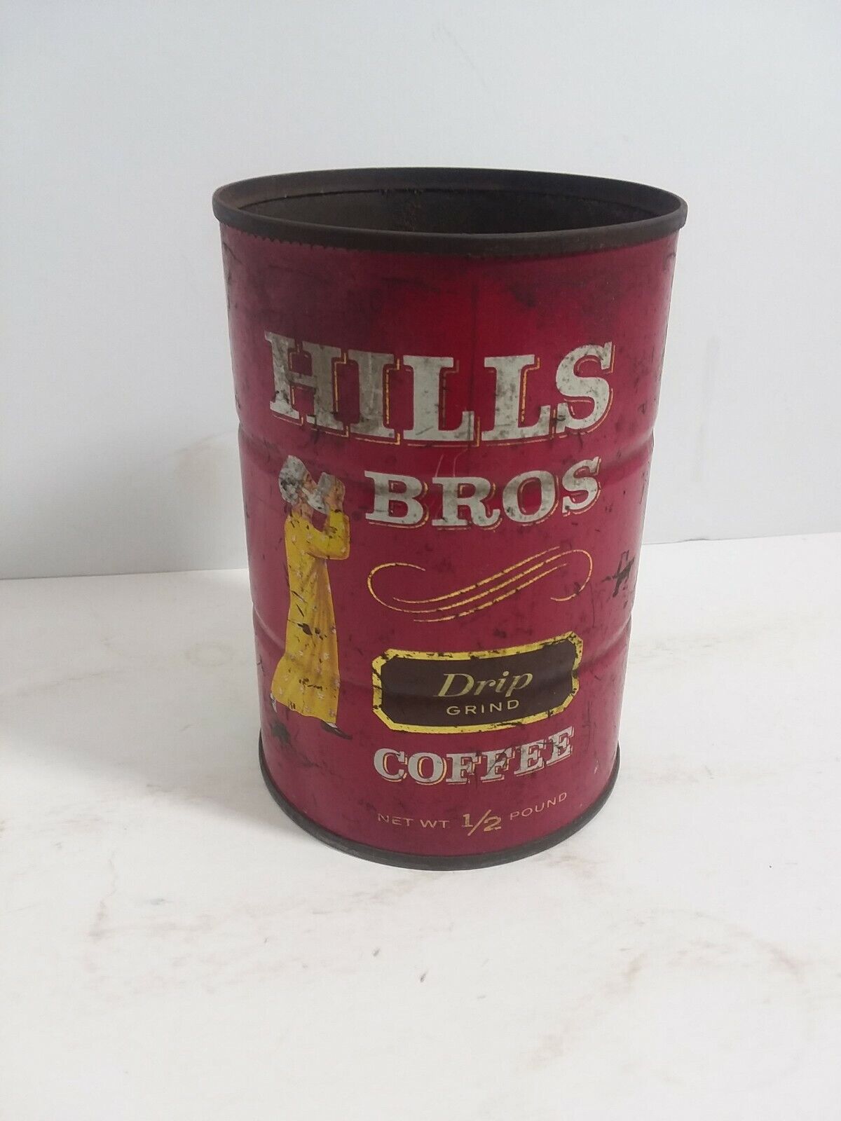 Hills Bros Drip Grind 1/2 Pound Coffee Can no cover  dirty has scratches 