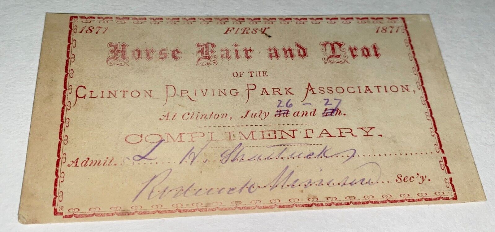 Rare Antique 1st Ever Horse Fair & Trot Clinton Driving Park Ticket NY 1871 US