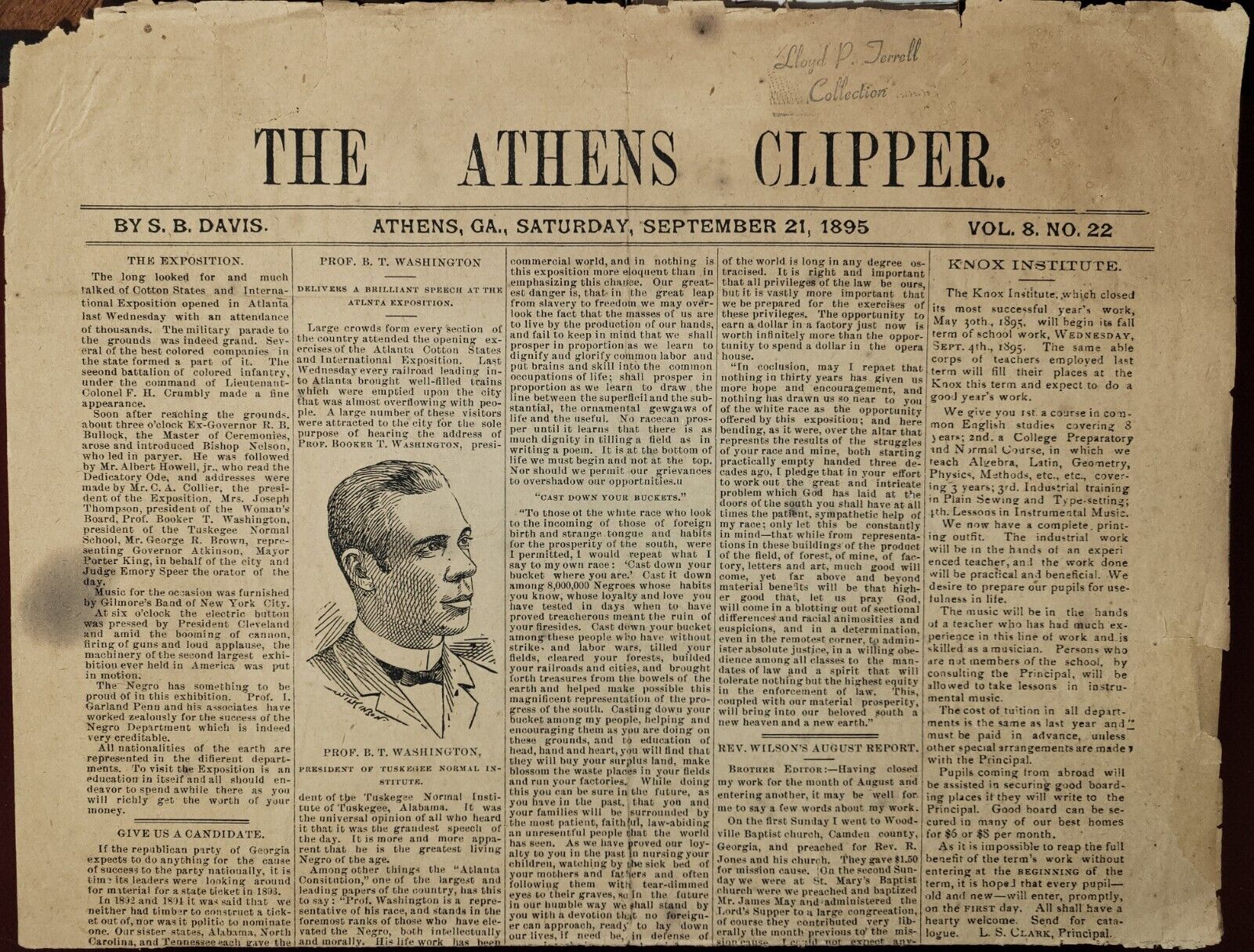 Rare Front Page Booker T Washington  article the athens clipper newspaper...