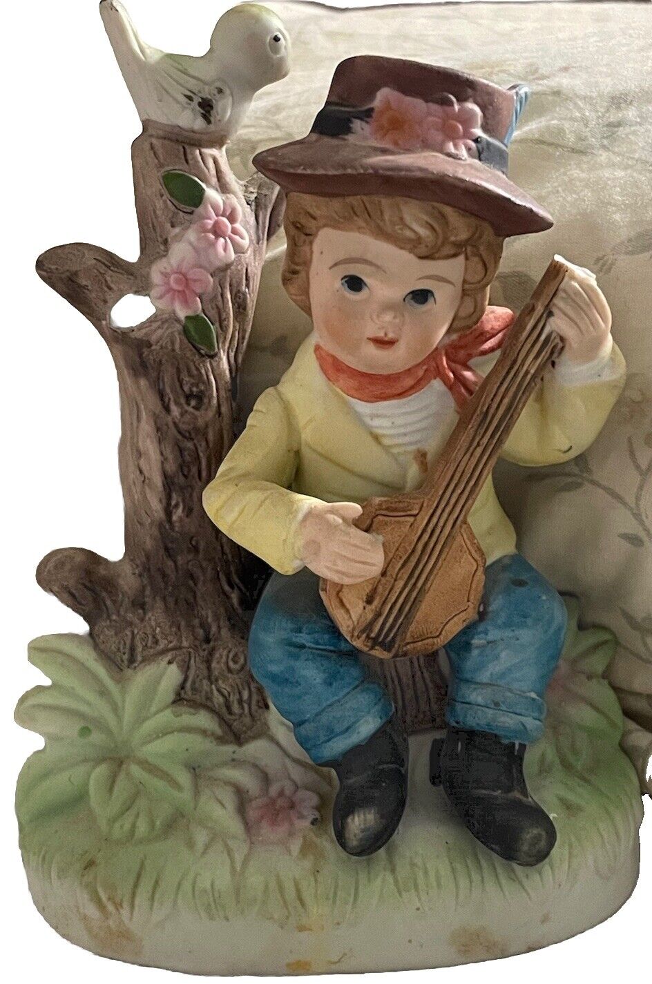 Porcelain Figurine Boy Playing Banjo w/ Bird on Tree - Hand Painted - Unmarked