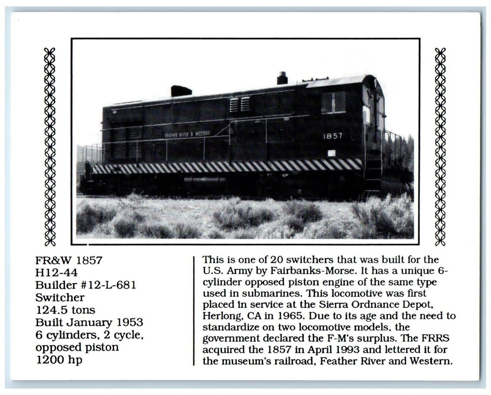 c1960 FR&W 1857 Builder Switcher Locomotive Train Portola California CA Postcard