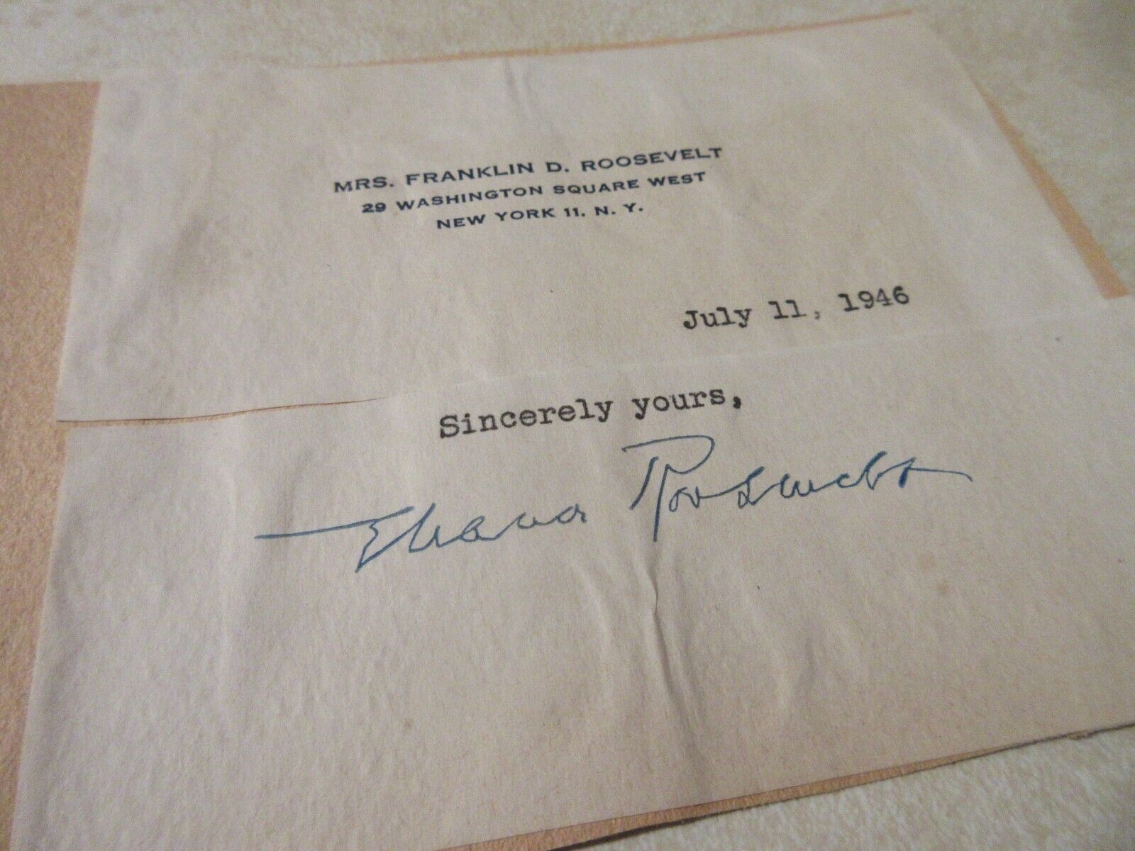 Eleanor Roosevelt Signature Autograph 1946 Mrs. Franklin D Roosevelt