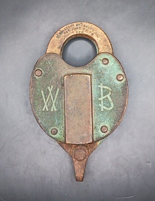 Railroad Lock Padlock Wilson Bohannan Brooklyn NY Brass Heart Shape June 25 1878