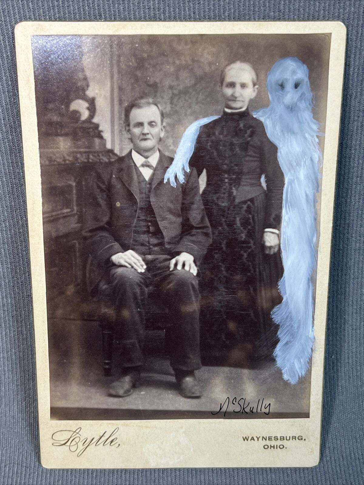 McSkully Antique Cabinet Card Photo Older Man & Wife + 1 Ghost OOAK Painting