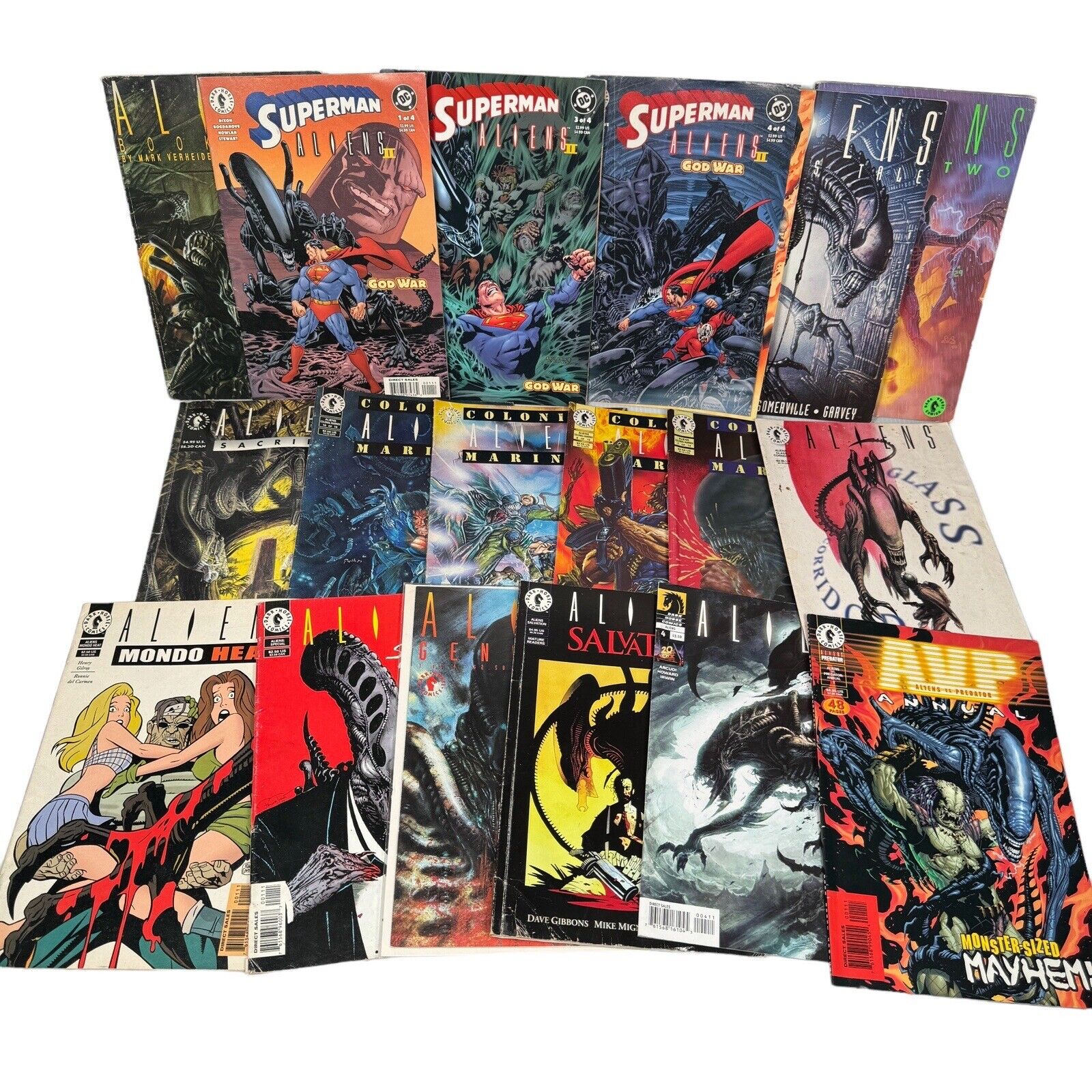 Lot Of 18 Aliens Trade Paperbacks & Comics Superman God War II Crossover & More